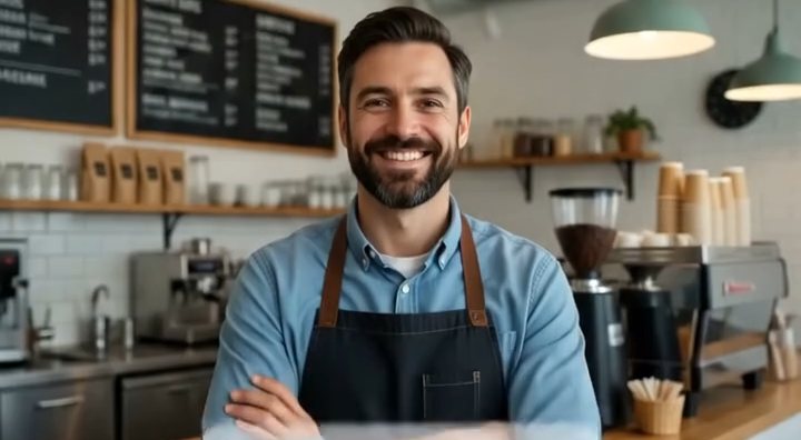 A cafe owner standing behind the counter of their shop.
